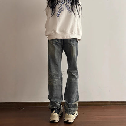 Hip-Hop Vintage Washed Distressed Denim Pants Men's Loose Couple Casual All-Match Straight Leg Long Trousers