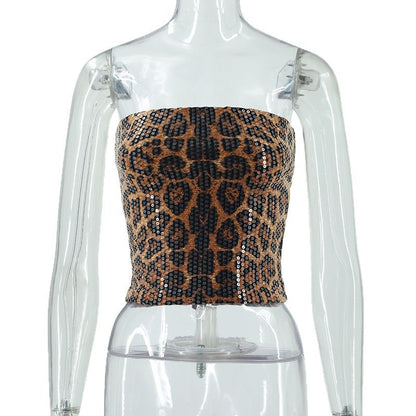 Leopard print sequin strapless slim fit inner vest