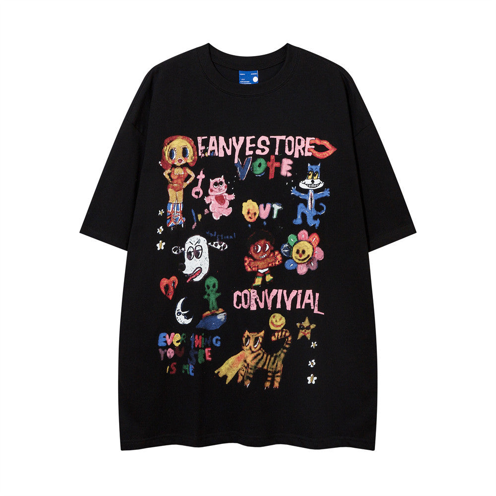 Fun Graffiti Cartoon Print Short Sleeve T-Shirt Hip Hop Trendy Men's Summer Lazy Pure Cotton Casual Half Sleeve Tee