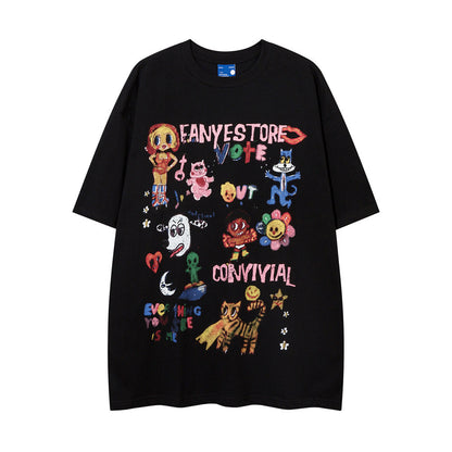 Fun Graffiti Cartoon Print Short Sleeve T-Shirt Hip Hop Trendy Men's Summer Lazy Pure Cotton Casual Half Sleeve Tee