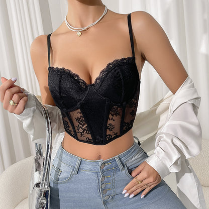Lace perspective mesh fishbone corset spicy girl suspender sexy top