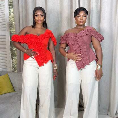 One-Shoulder Irregular Ruffle Design Top Women's T-Shirt Wide Style