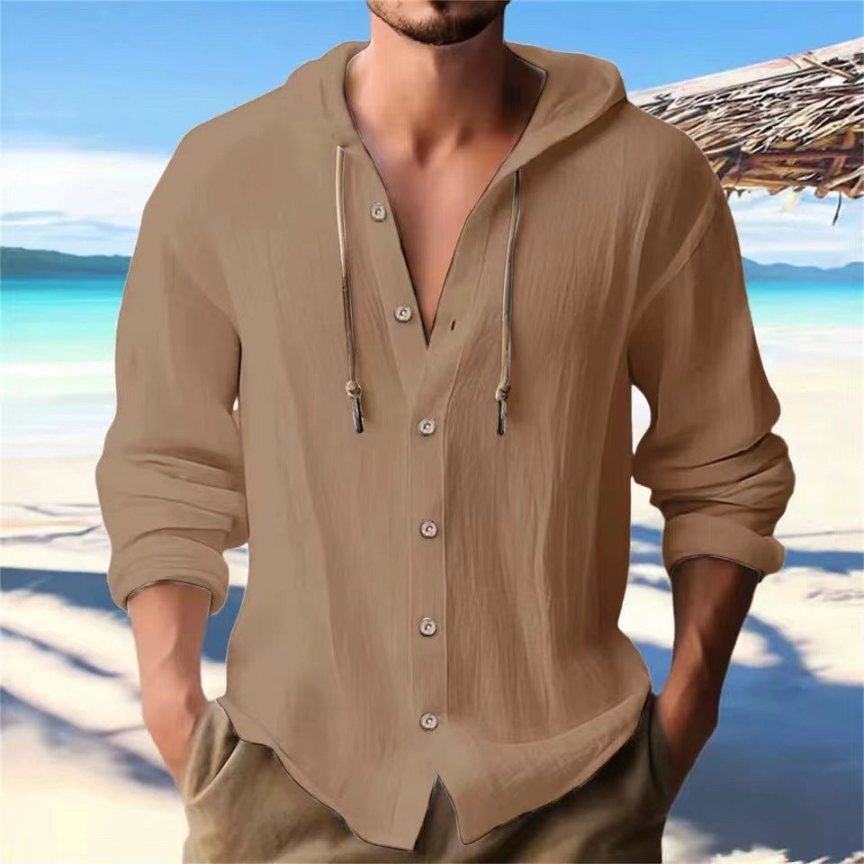 Men's Sports Casual Long Sleeve Shirt Cotton Linen Hooded Fashion Sweatshirt Trendy Versatile Loose Beach T-Shirt