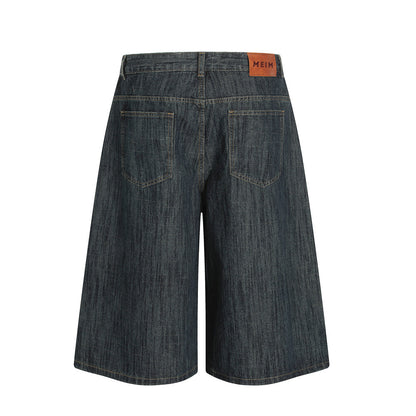 Minimalist Washed Denim Shorts Men's Versatile Street Trend Wide-Leg Mid-Length Pants Loose Straight Leg Five-Point Pants