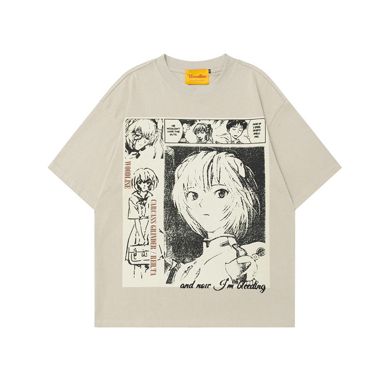 Anime Print Short Sleeve Unisex Retro Oversize Loose Pure Cotton T-Shirt