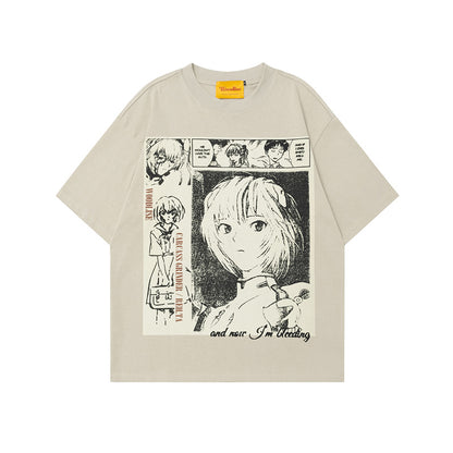 Anime Print Short Sleeve Unisex Retro Oversize Loose Pure Cotton T-Shirt