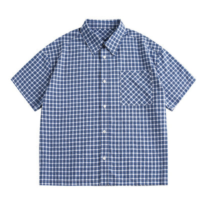 Plaid Short Sleeve Shirt Men's Japanese Workwear Loose Casual Turn-down Collar Summer Checkered Shirt High Street Trendy