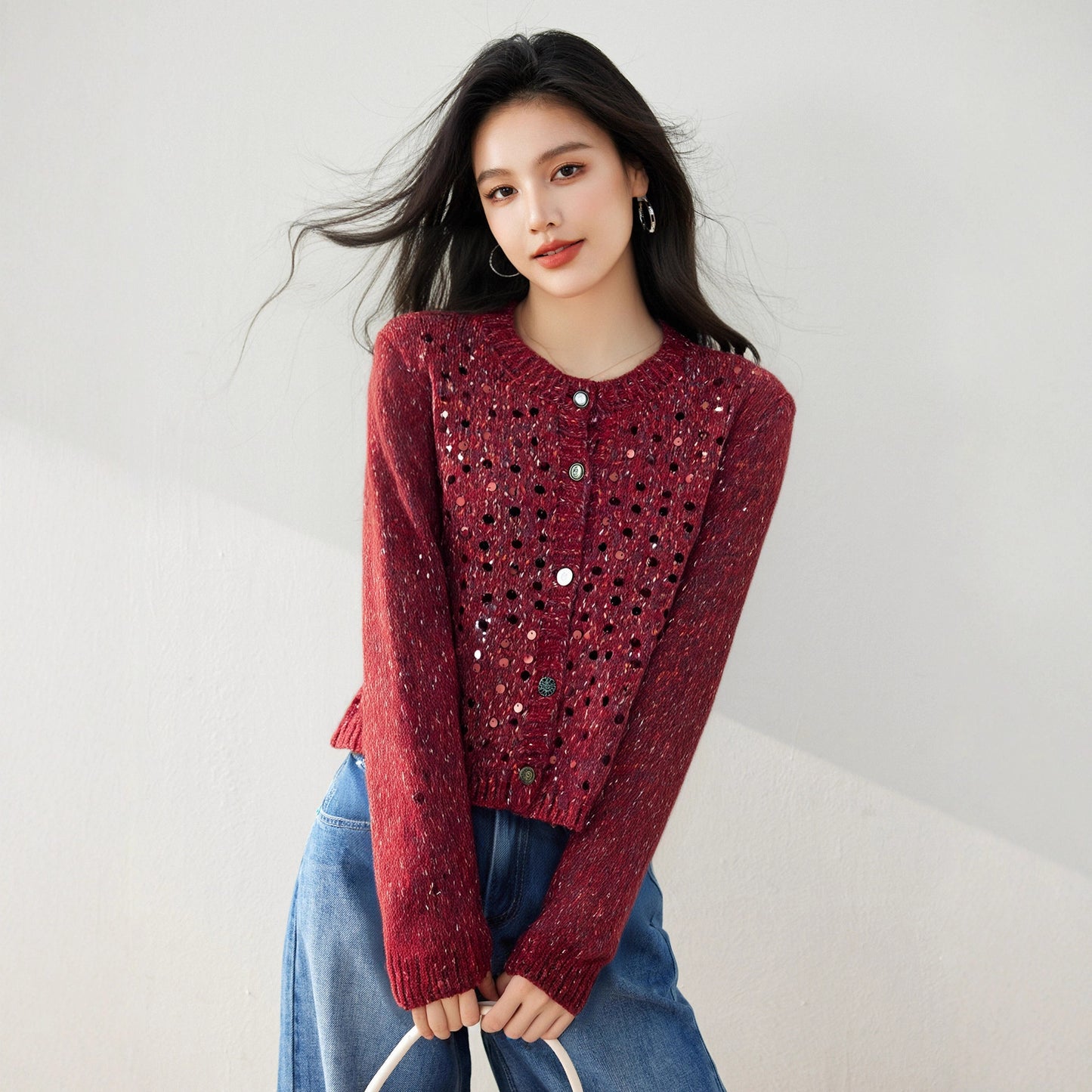 Knitted Cardigan Outerwear Sweater Coat for Women, Sequin Korean Style Atmosphere Early Autumn Fashion