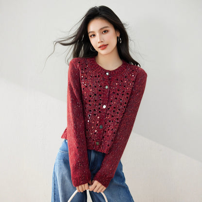 Knitted Cardigan Outerwear Sweater Coat for Women, Sequin Korean Style Atmosphere Early Autumn Fashion