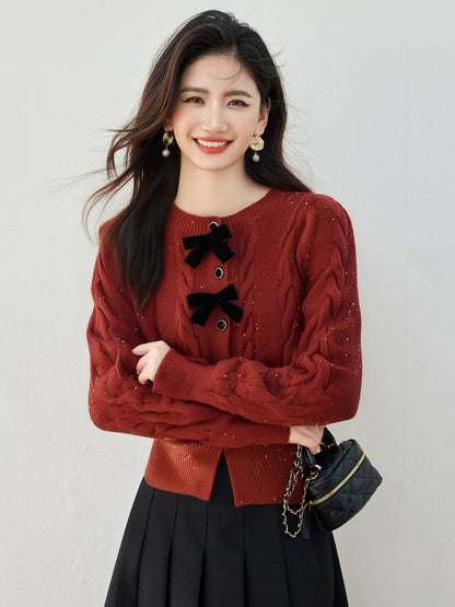 Schicke Strickjacke mit Schleife und Pailletten, Rundhalsausschnitt, Casual Style für Damen