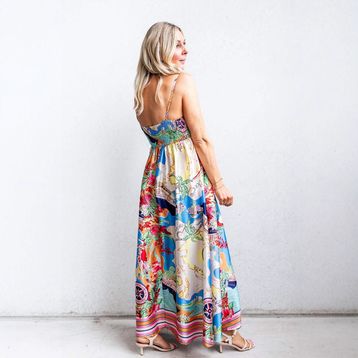 High waisted printed vacation style big swing suspender dress