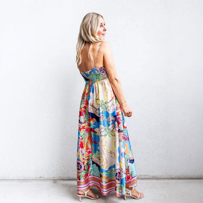 High waisted printed vacation style big swing suspender dress