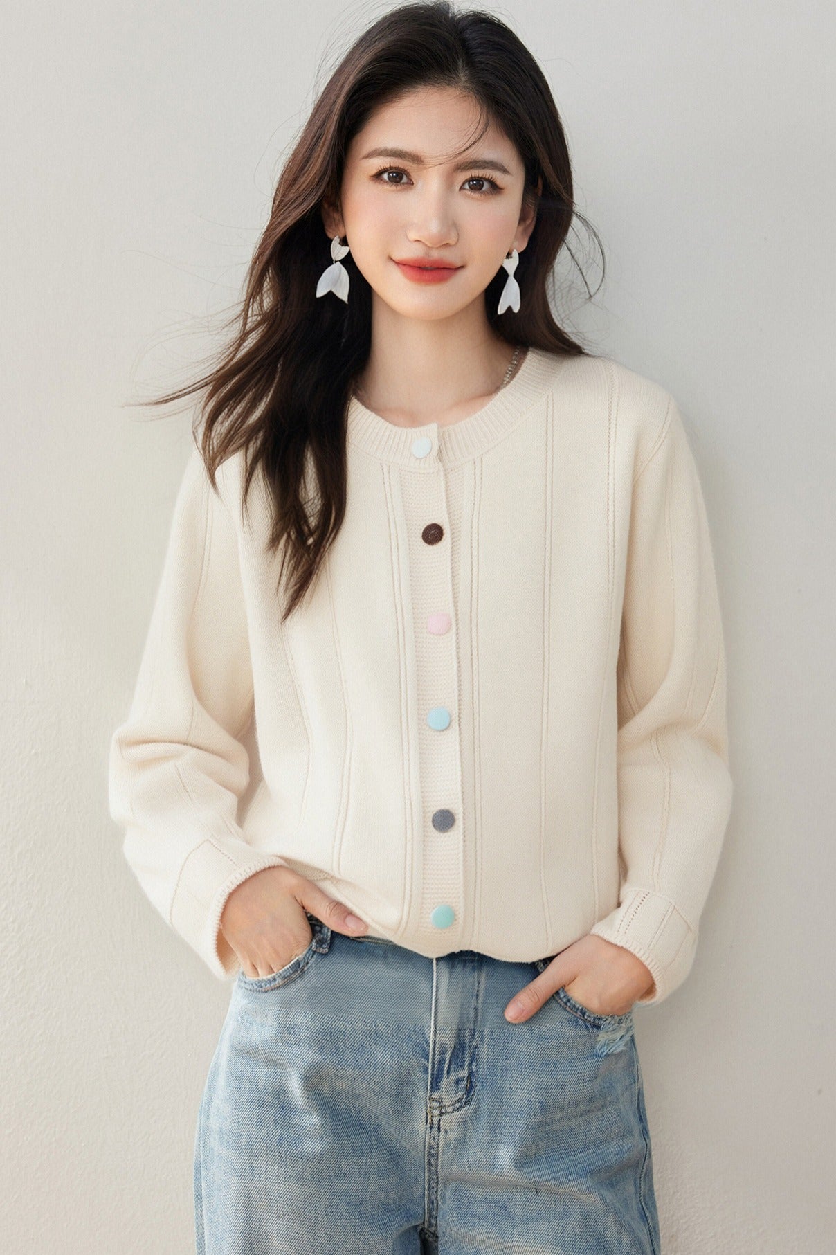 Real Shot◆Korean Style Line Design Colorful Button Long Sleeve Knit Top for Women
