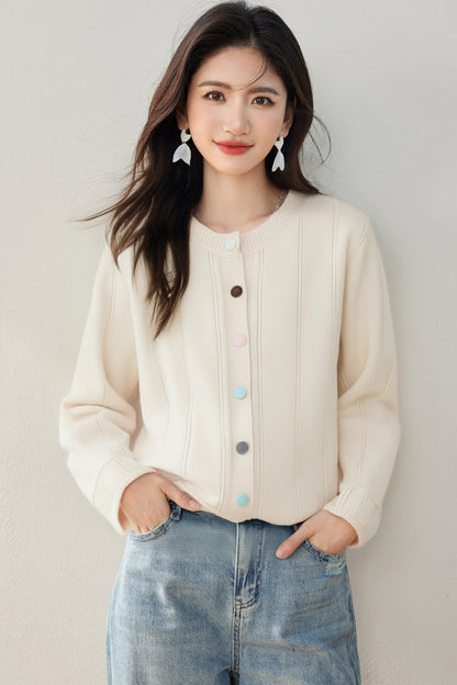 Real Shot◆Korean Style Line Design Colorful Button Long Sleeve Knit Top for Women