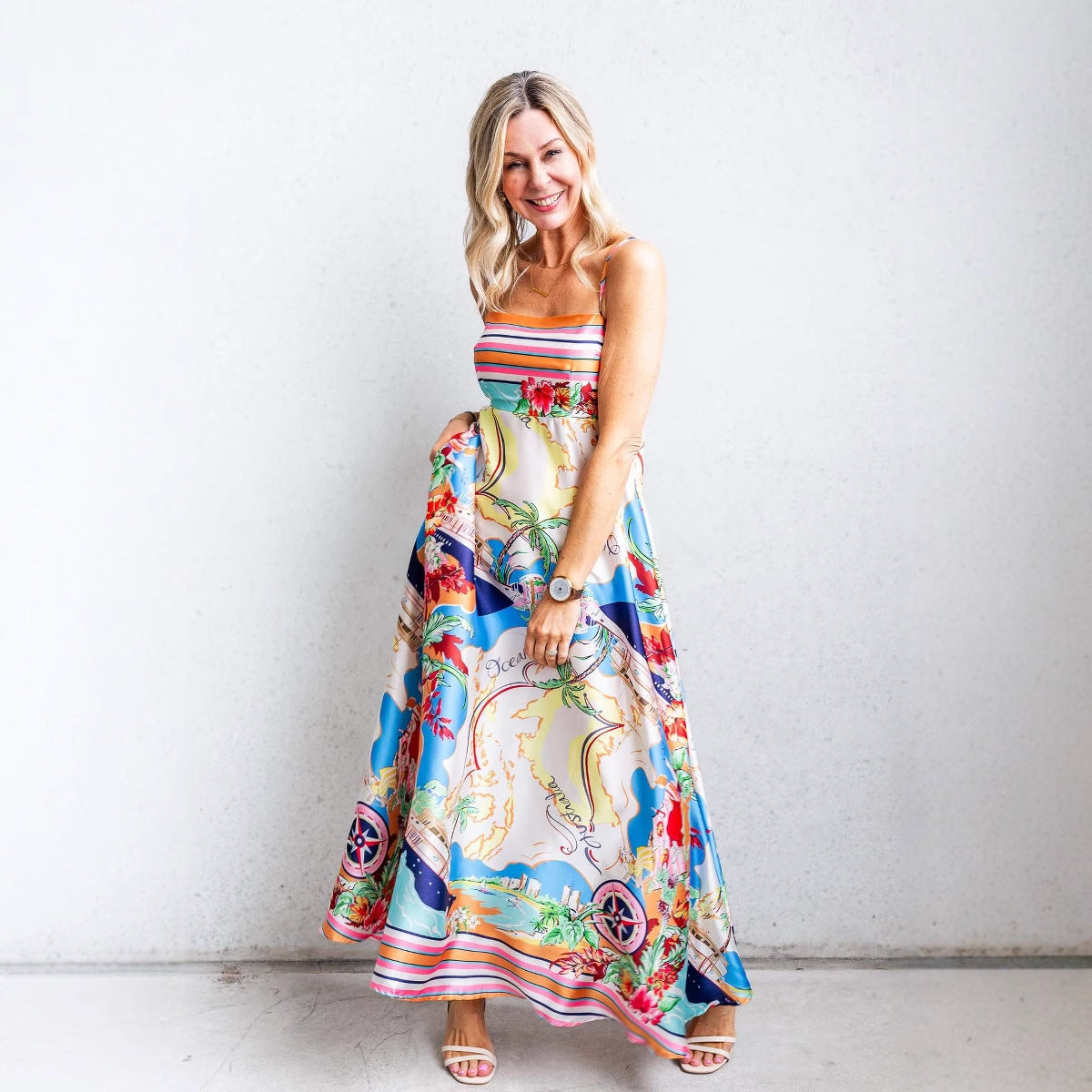 High waisted printed vacation style big swing suspender dress