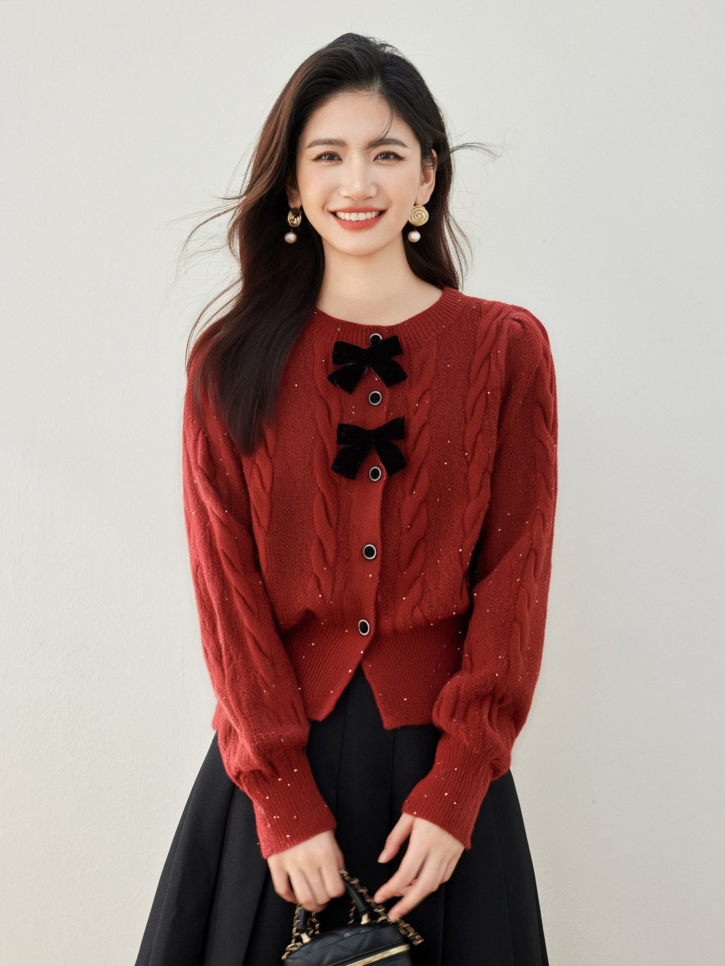 Schicke Strickjacke mit Schleife und Pailletten, Rundhalsausschnitt, Casual Style für Damen