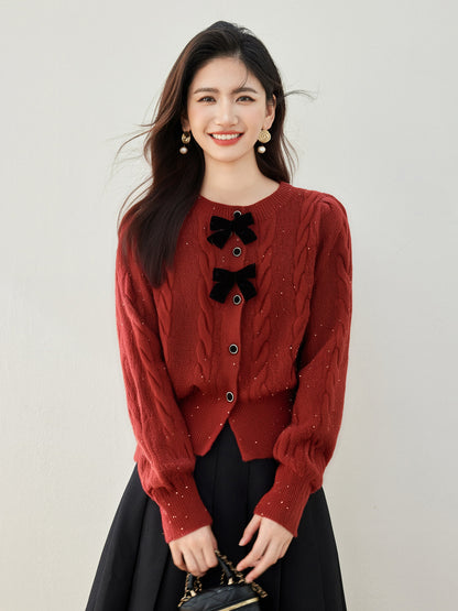 Schicke Strickjacke mit Schleife und Pailletten, Rundhalsausschnitt, Casual Style für Damen