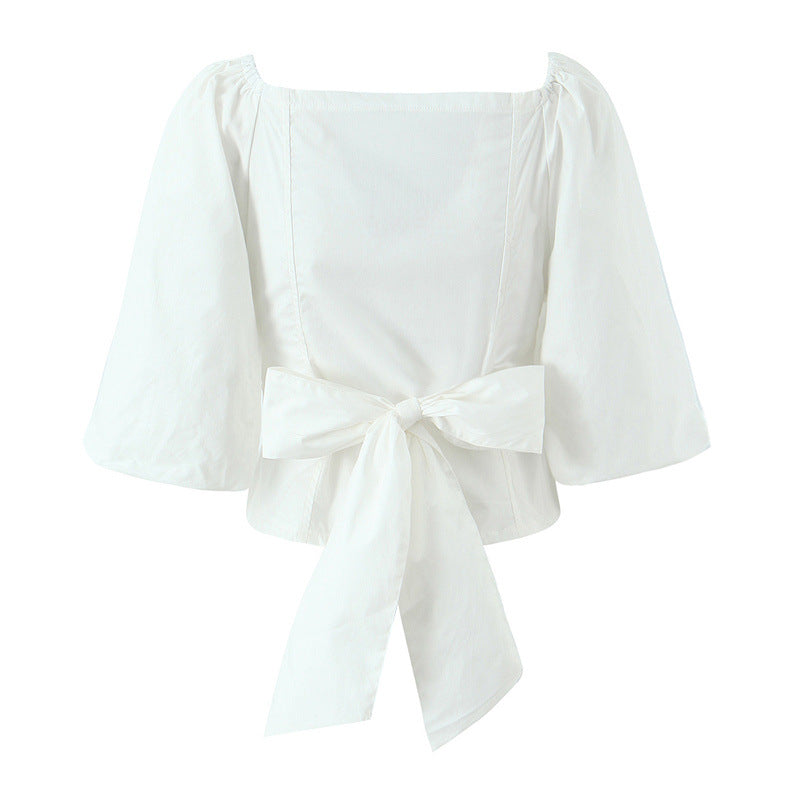 Style Women's Casual Bowknot Bubble Sleeve Blouse Short Top
