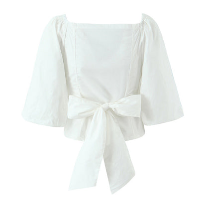 Style Women's Casual Bowknot Bubble Sleeve Blouse Short Top