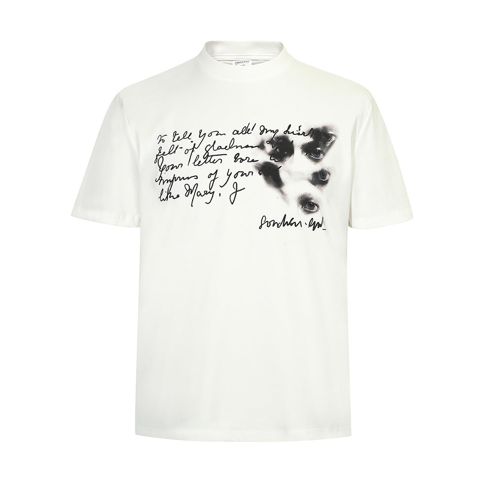 Dark Gothic Eye Letter Print Short Sleeve T-Shirt Men's Casual Loose Pure Cotton Tee Shirt Hip Hop Trendy