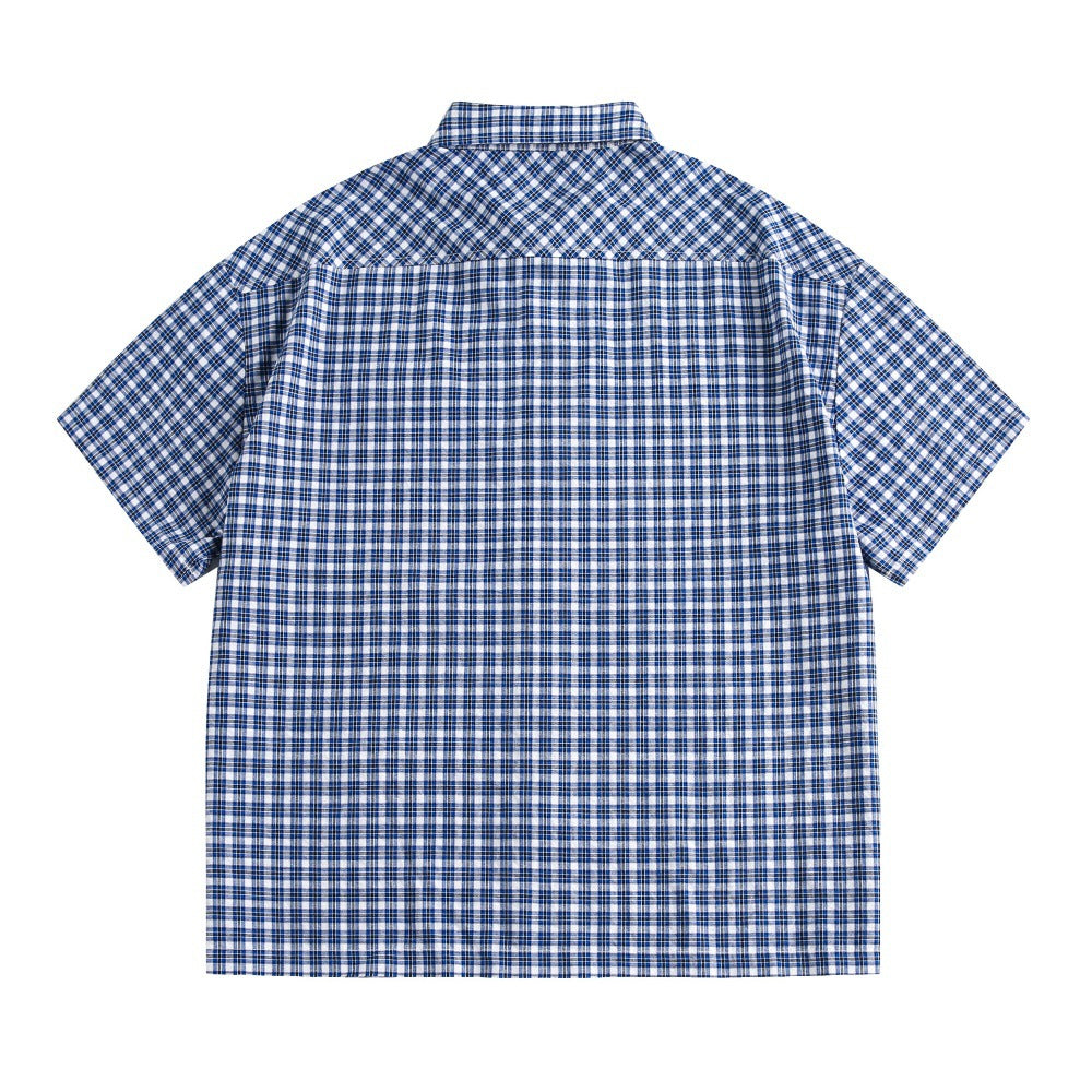 Plaid Short Sleeve Shirt Men's Japanese Workwear Loose Casual Turn-down Collar Summer Checkered Shirt High Street Trendy