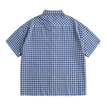 Plaid Short Sleeve Shirt Men's Japanese Workwear Loose Casual Turn-down Collar Summer Checkered Shirt High Street Trendy