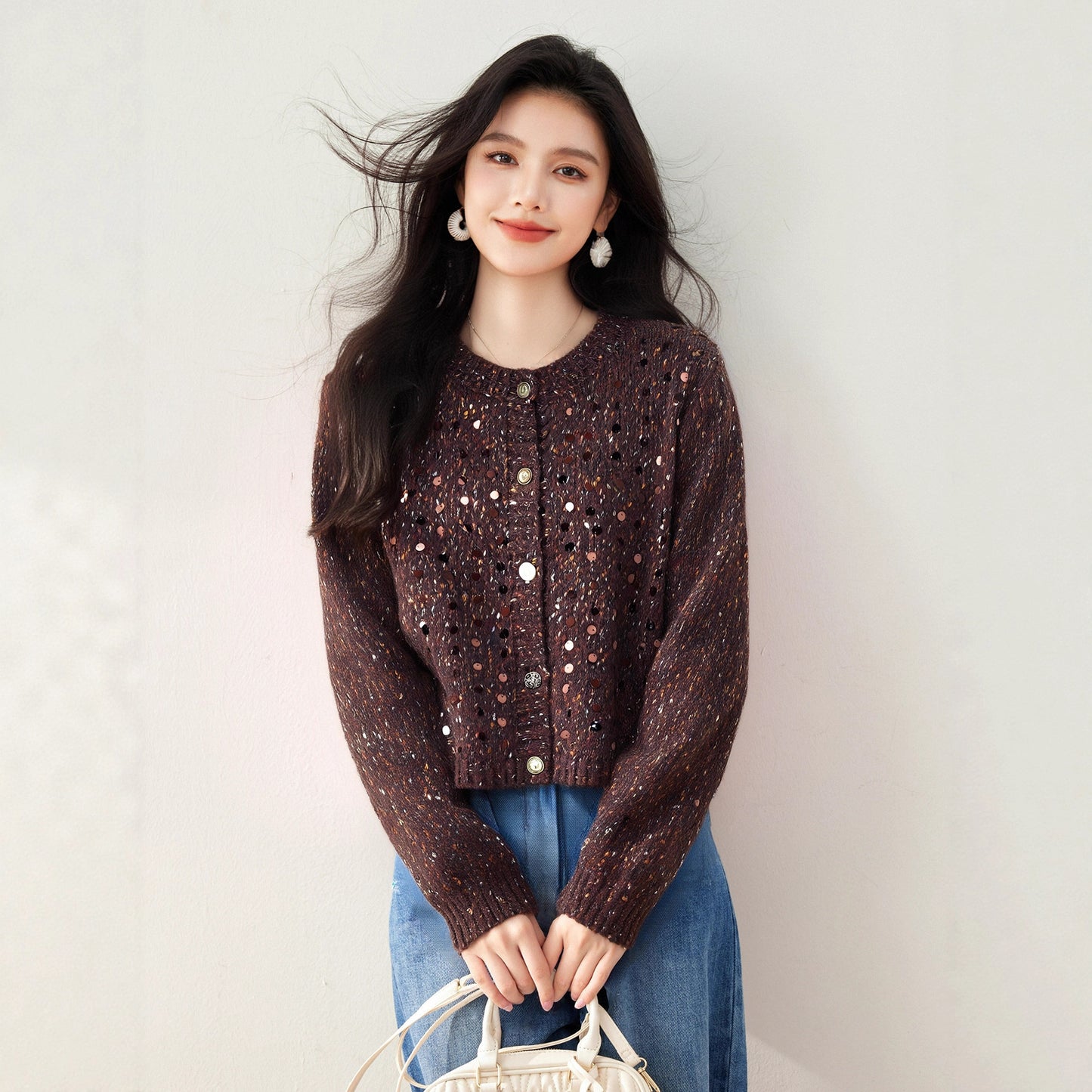 Knitted Cardigan Outerwear Sweater Coat for Women, Sequin Korean Style Atmosphere Early Autumn Fashion