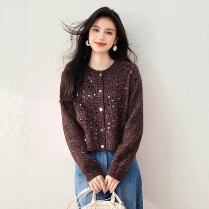 Knitted Cardigan Outerwear Sweater Coat for Women, Sequin Korean Style Atmosphere Early Autumn Fashion