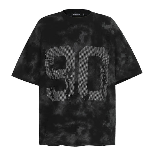 Tie-Dye Faded Letter Print Short Sleeve T-Shirt Men's Summer Casual American Street Hip Hop Loose Crew Neck Top