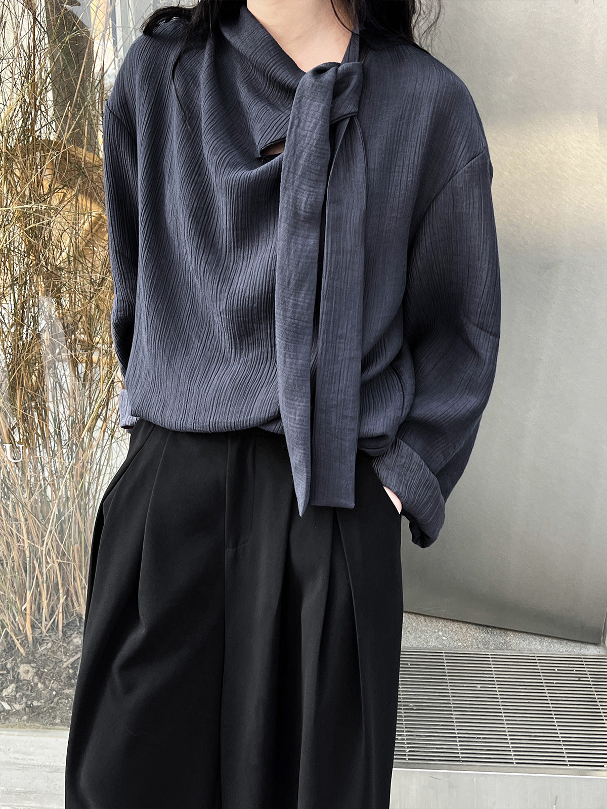 Ribbon textured shirt women's lace up commuter top