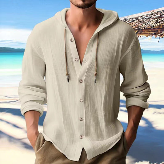 Men's Sports Casual Long Sleeve Shirt Cotton Linen Hooded Fashion Sweatshirt Trendy Versatile Loose Beach T-Shirt