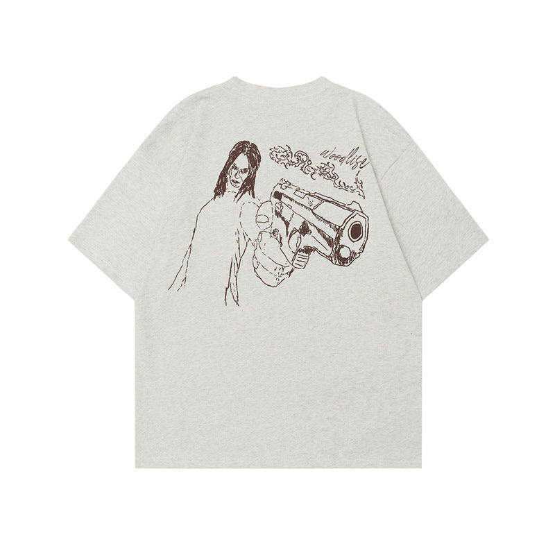 Retro Hand-Painted Heavyweight Pure Cotton Short-Sleeve T-Shirt Men's Summer Loose Casual Cleanfit Top Trendy