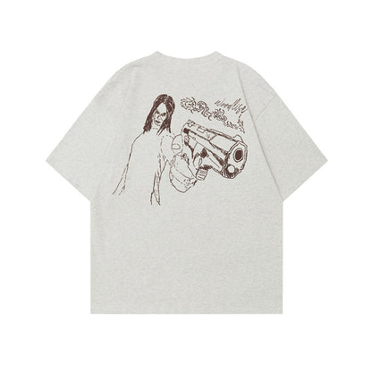 Retro Hand-Painted Heavyweight Pure Cotton Short-Sleeve T-Shirt Men's Summer Loose Casual Cleanfit Top Trendy