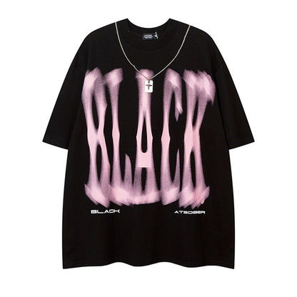 Graffiti Blurred Letter Short Sleeve T-Shirt Loose Fit Men's Summer Metal Chain Top Design Sense INS Trendy