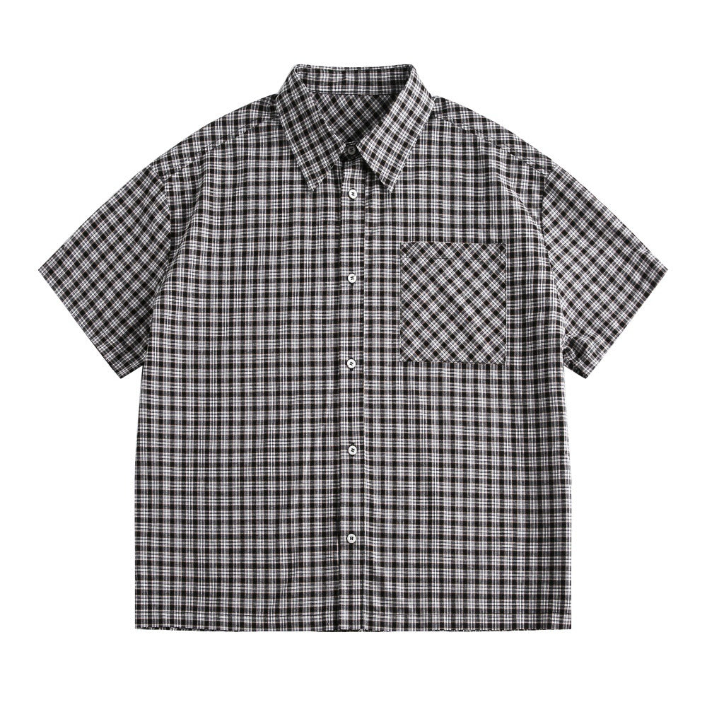 Plaid Short Sleeve Shirt Men's Japanese Workwear Loose Casual Turn-down Collar Summer Checkered Shirt High Street Trendy