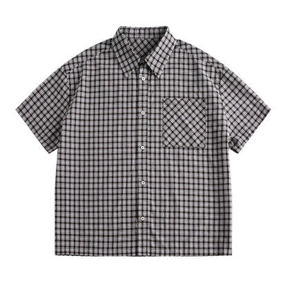 Plaid Short Sleeve Shirt Men's Japanese Workwear Loose Casual Turn-down Collar Summer Checkered Shirt High Street Trendy