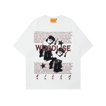 Letter Cartoon Print Short Sleeve T-Shirt Unisex Oversize High Street Versatile Couple Top INS Trendy