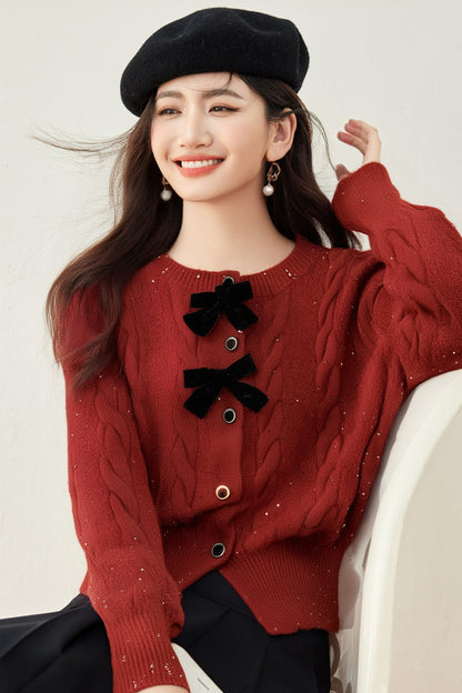 Schicke Strickjacke mit Schleife und Pailletten, Rundhalsausschnitt, Casual Style für Damen