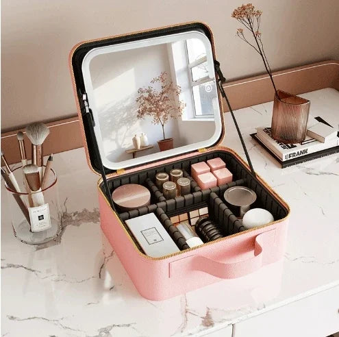Light Up Box Vanity Organizer Portable Makeup Bag Mirror With Led Light
