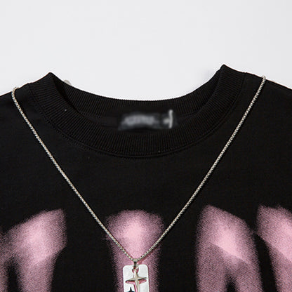 Graffiti Blurred Letter Short Sleeve T-Shirt Loose Fit Men's Summer Metal Chain Top Design Sense INS Trendy