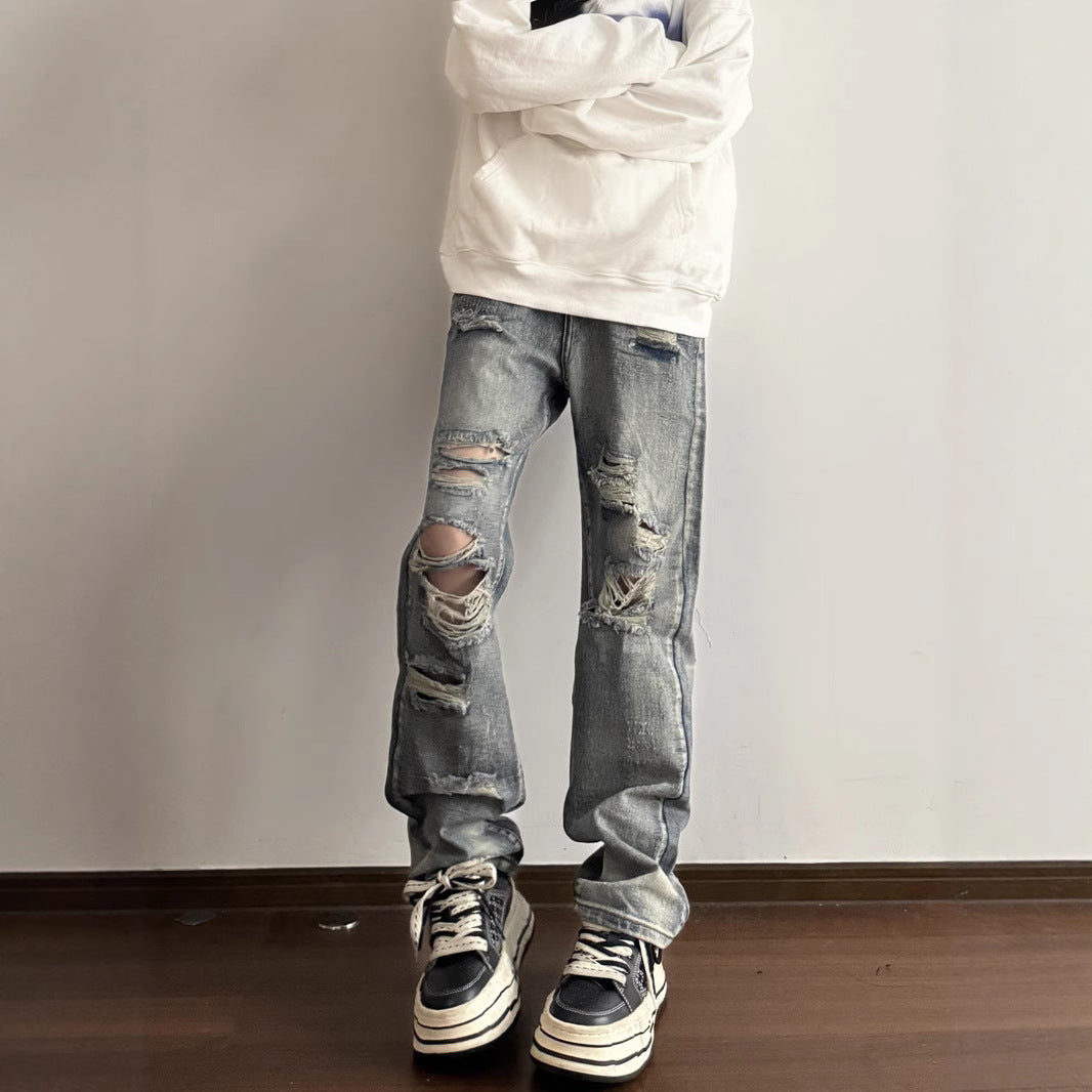 Hip-Hop Vintage Washed Distressed Denim Pants Men's Loose Couple Casual All-Match Straight Leg Long Trousers