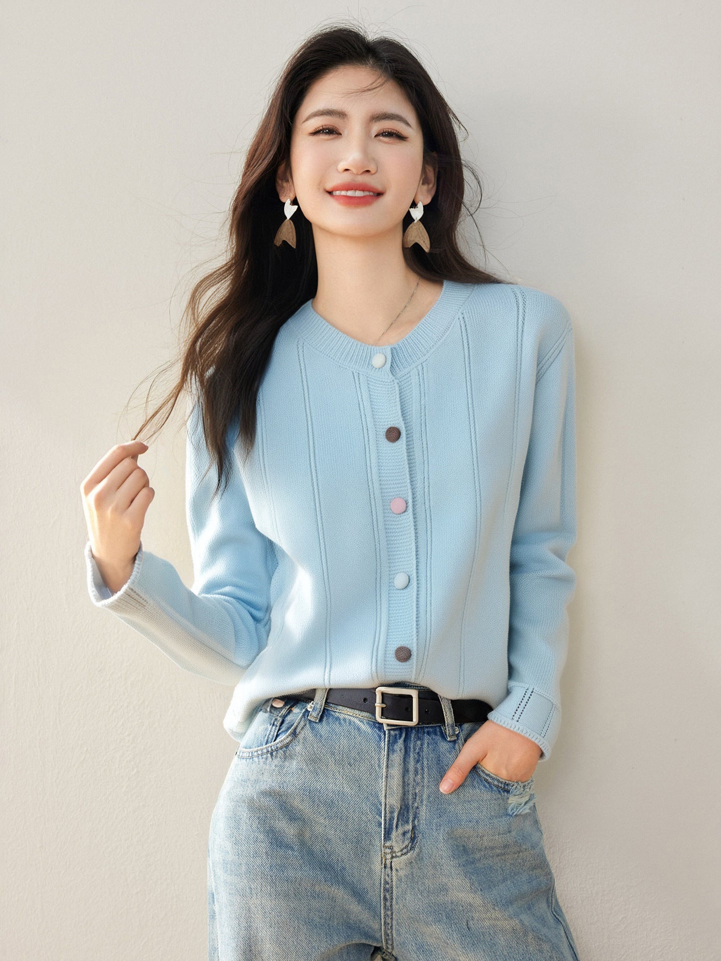 Real Shot◆Korean Style Line Design Colorful Button Long Sleeve Knit Top for Women