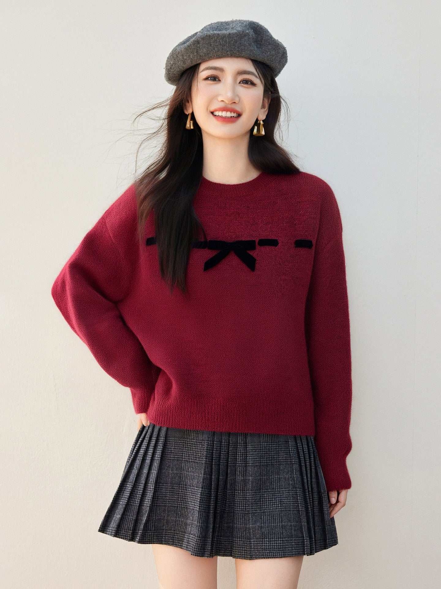 Knitted Sweater with Bow Tie and Round Neck, Slim Fit, Blue, Autumn/Winter Style