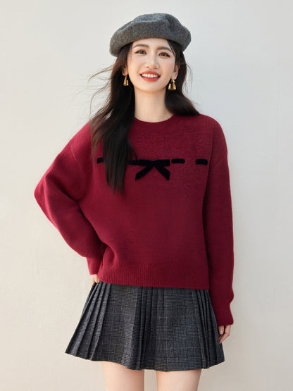 Knitted Sweater with Bow Tie and Round Neck, Slim Fit, Blue, Autumn/Winter Style