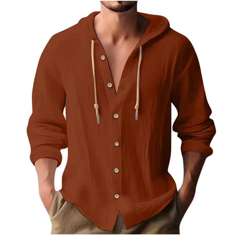Men's Sports Casual Long Sleeve Shirt Cotton Linen Hooded Fashion Sweatshirt Trendy Versatile Loose Beach T-Shirt