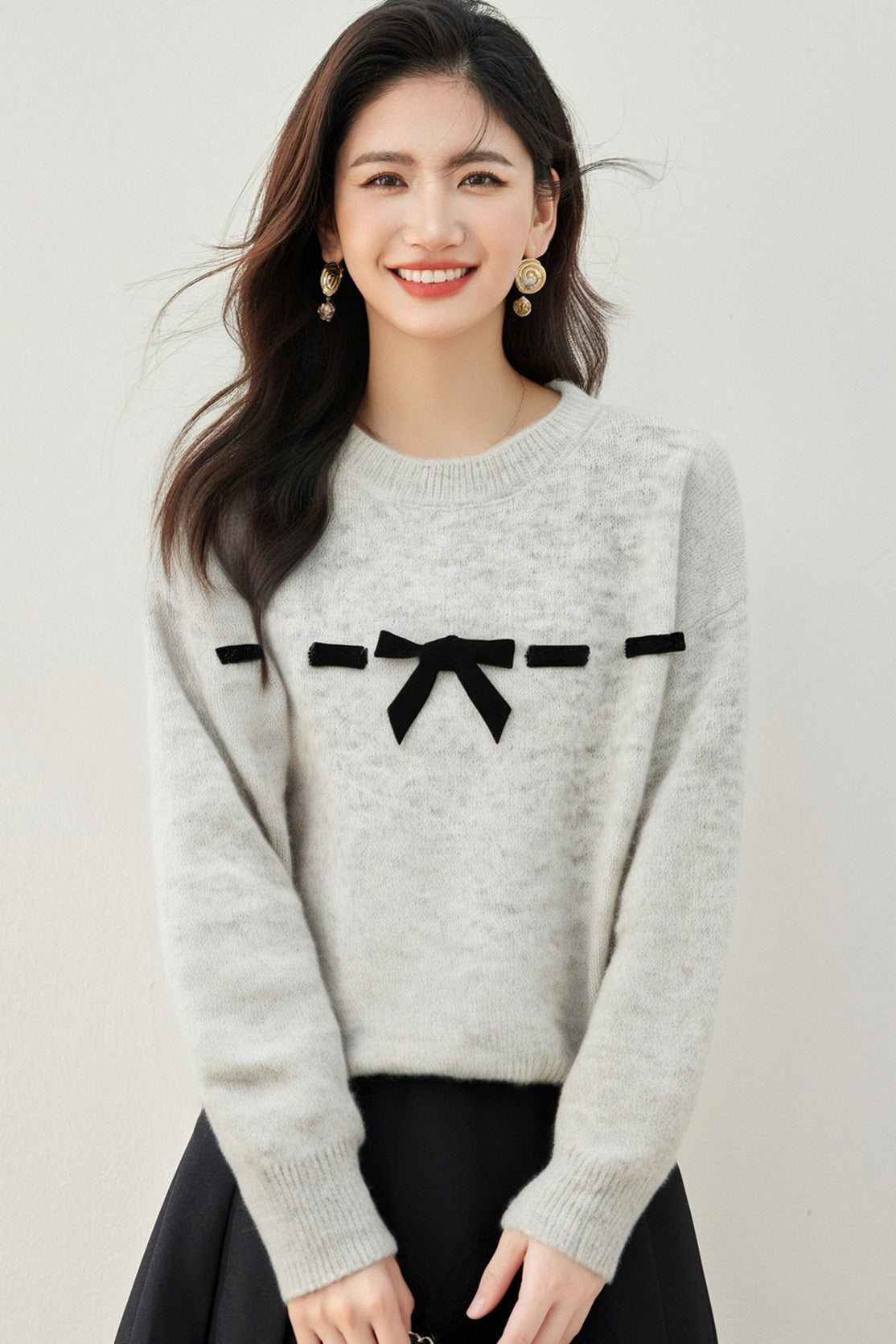 Knitted Sweater with Bow Tie and Round Neck, Slim Fit, Blue, Autumn/Winter Style