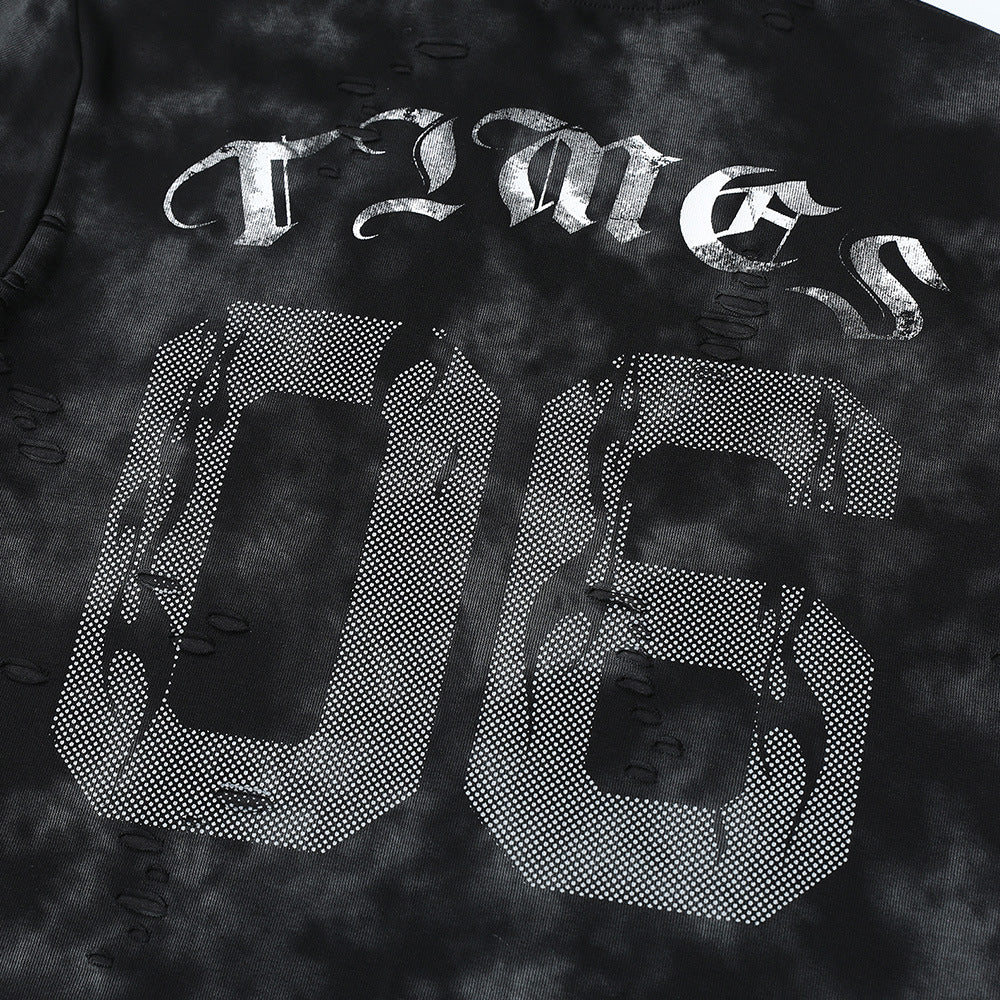 Tie-Dye Faded Letter Print Short Sleeve T-Shirt Men's Summer Casual American Street Hip Hop Loose Crew Neck Top