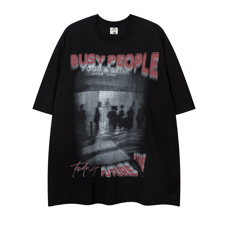 Gloomy Abstract Human Shadow Short Sleeve Cotton T-Shirt for Men High Street Trendy Casual Base Layer Half-Sleeve