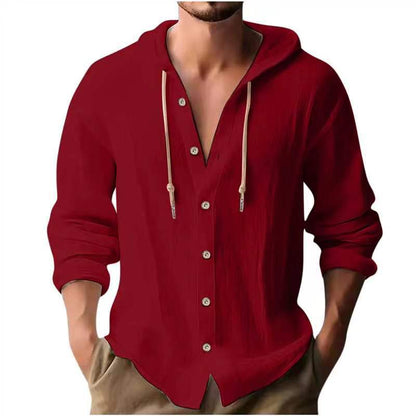 Men's Sports Casual Long Sleeve Shirt Cotton Linen Hooded Fashion Sweatshirt Trendy Versatile Loose Beach T-Shirt