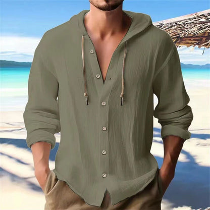 Men's Sports Casual Long Sleeve Shirt Cotton Linen Hooded Fashion Sweatshirt Trendy Versatile Loose Beach T-Shirt